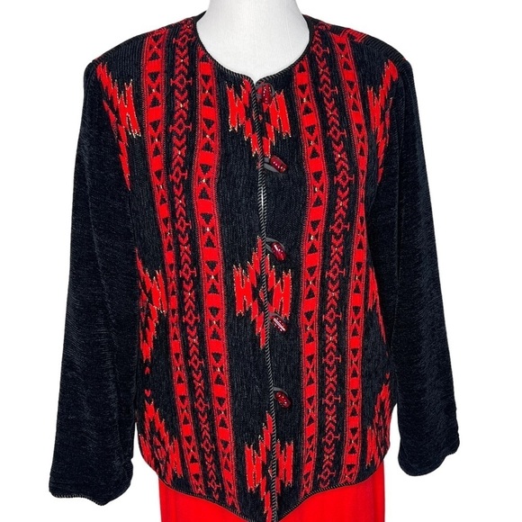 VTG Allure Red Black Gold Southwest Aztec Print Toggle Bead Button Jacket Size M - Picture 1 of 15